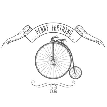 Penny-farthing bicycle vintage emblem, retro bike with large front wheel of 1890s, vector