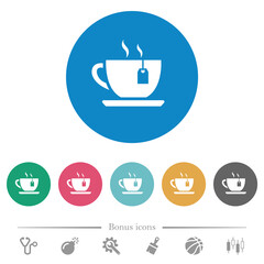 Cup of tea with teabag flat round icons
