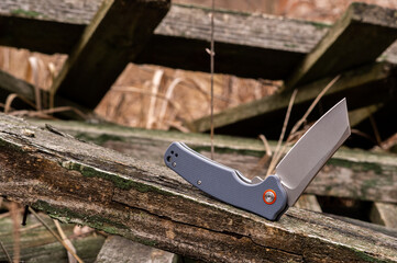 A knife with a blunt knife blade. Knife with a tanto blade.