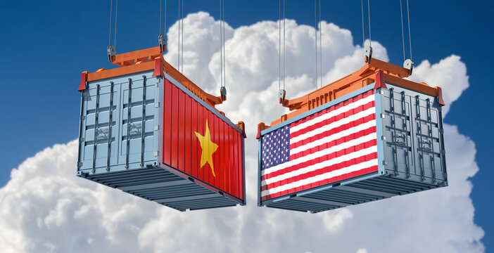 Freight containers with Vietnam and USA flag. 3D Rendering 
