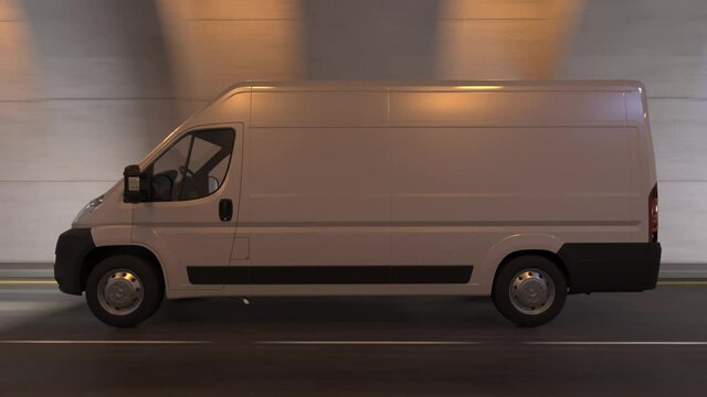 White Delivery Van Convoy on the Move Inside the Tunnel 3D Rendering