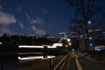 夜の江戸城 桜田門と、日比谷のビル群 - obrazy, fototapety, plakaty