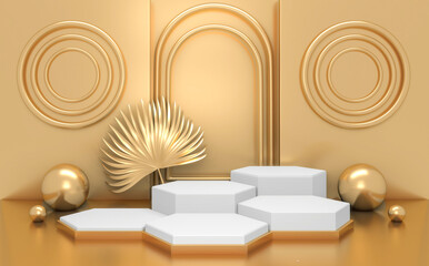 The golden podium geometric for Product presentation. 3D rendering