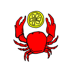 Vector drawing of a crab on a white background.
Lemon and crab.