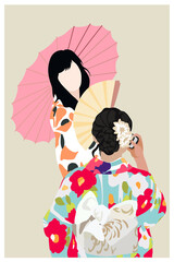 
Girls in kimono are photographed on a mobile phone. Modern faceless portrait. Vector illustration in a flat style.
