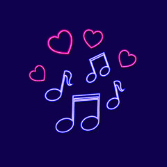 Vector Music Notes ans Hearts Neon Sign Glowing on the Dark Background, Colorful Illustration, Night Signage, Neon Lights, Billboard Template.

