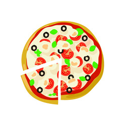 Top view pizza with tomatoes and black olives. Vector illustration