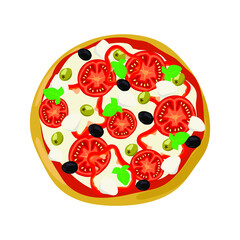 Top view pizza with mozzarella cheese and black and green olives. Vector illustration