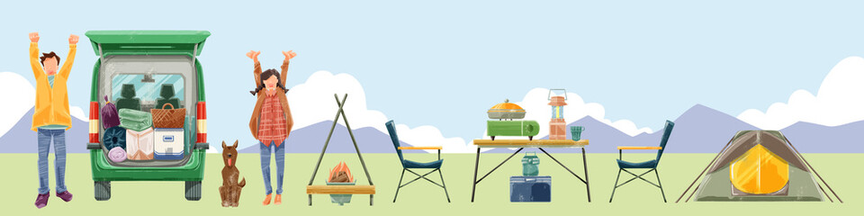 キャンプに行くカップルとキャンプ用品イラスト