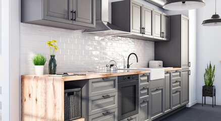 Scandinavian open style kitchen in grey color, white tiles