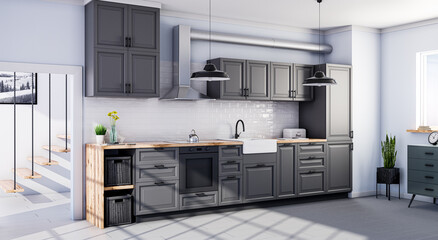 Scandinavian open style kitchen in grey color, white tiles