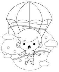 Coloring book for kids. Cute Little Boy Flying With Parachute.