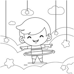 Coloring book for kids. Cute Little Boy Playing Hula Hoop On Cloud.