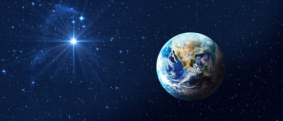 Planet Earth on dark blue night sky with bright star. Baner format. Christmas Star of Bethlehem...