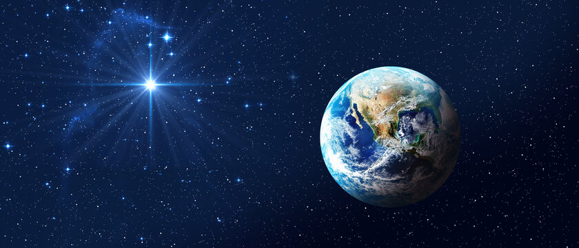 Planet Earth on dark blue night sky with bright star. Baner format. Christmas Star of Bethlehem Nativity, christmas of Jesus Christ. Elements of this image furnished by NASA © assistant