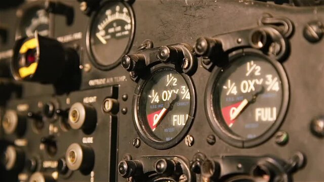 Oxygen Gauges in an Old War Airplane. Close Up. 4K Resolution.