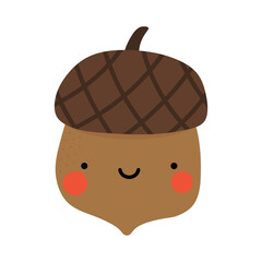 Acorn kawaii logo with smiling face, vector 