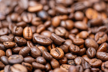 coffee beans close-up, foreground and background blurred, focus on middle