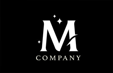 M alphabet letter logo for business and branding. Simple creative star design with swoosh in black and white colors. Can be used for a luxury company or icon lettering