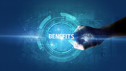 Hand touching BENEFITS button, modern business technology concept