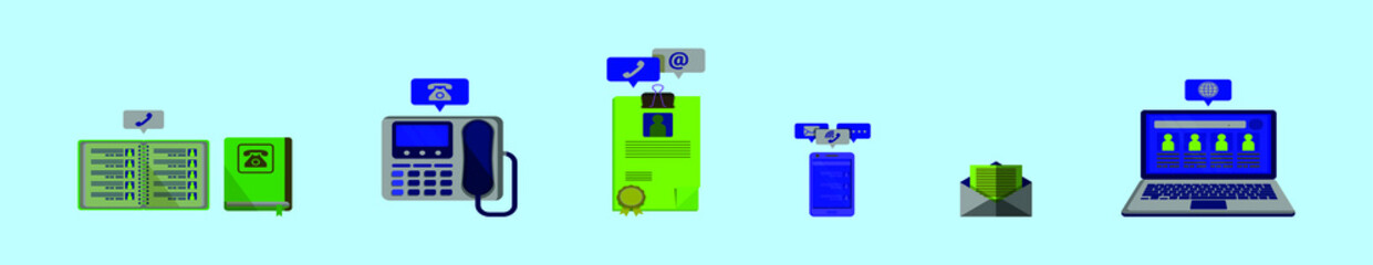 set of contact me cartoon icon design template with various models. vector illustration isolated on blue background
