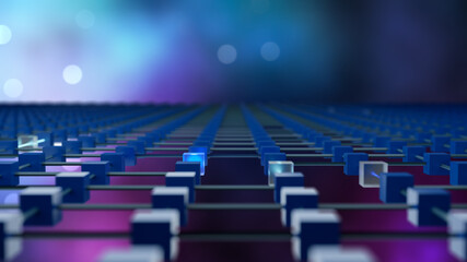 Naklejka premium Blockchain Concept Background. Connected Blocks of the Global Decentralized Data Network. Abstract 3D Rendering.