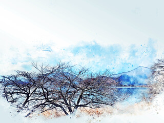 Abstract colorful tree and field landscape in japan on watercolor illustration painting background.