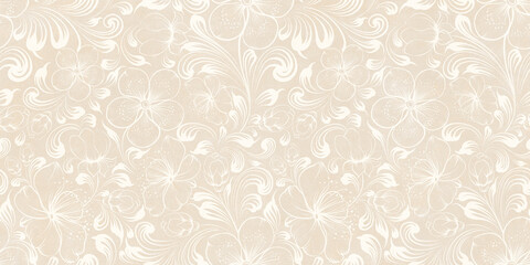 Seamless beige floral pattern, white flower and leave, Luxury classic ornament, Tile geometric pattern from style of Moroccan ornaments, royal texture for wallpapers, print, textile or fabric.