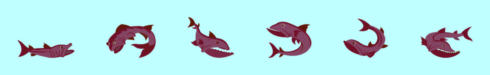 set of barracuda fish cartoon icon design template with various models. vector illustration isolated on blue background