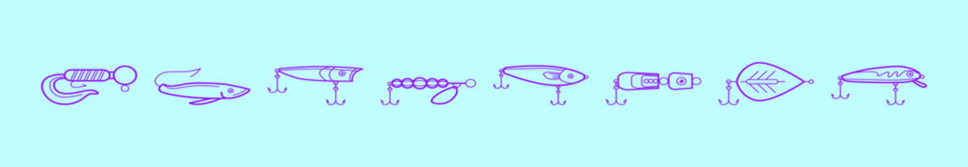 set of fishing tackle cartoon icon design template with various models. vector illustration isolated on blue background