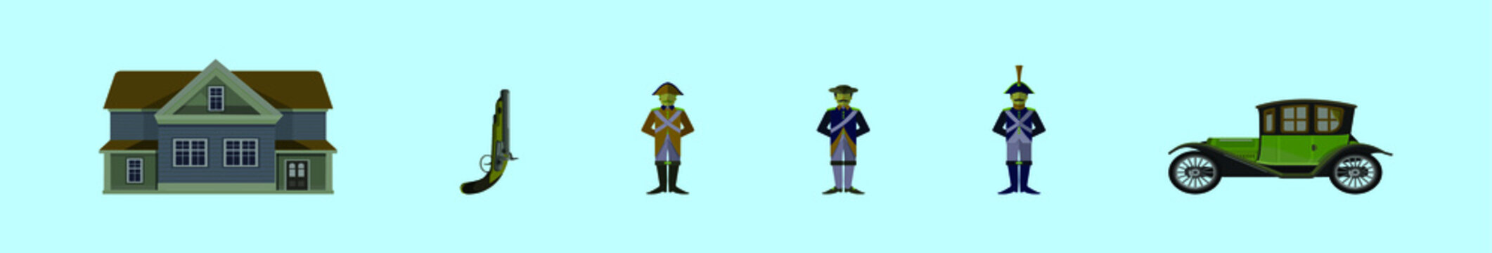 Set Of Colonial Cartoon Icon Design Template With Various Models. Vector Illustration Isolated On Blue Background