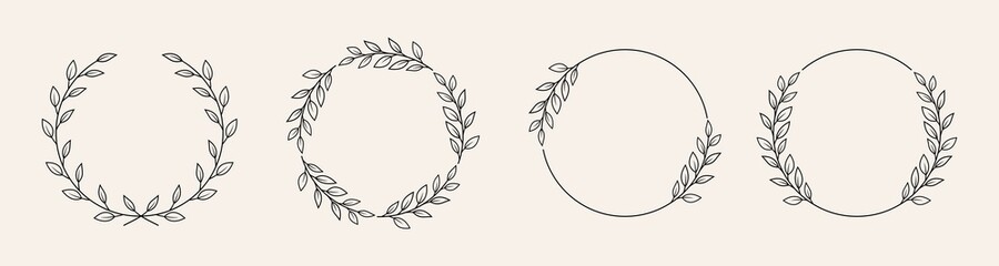 Set of black laurels frames branches with circle borders.  Hand drawn collection laurel leaves decorative elements. award, Leaves, invitation decoration, swirls, ornate. Vector icon illustration.