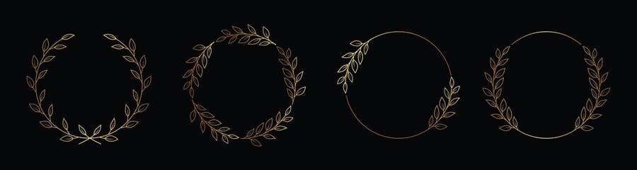 Set of gold laurels frames branches with circle borders.  Hand drawn collection laurel leaves decorative elements. award, Leaves, invitation decoration, swirls, ornate. Vector icon illustration.