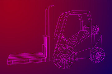 Forklift Loader lift truck with cargo pallet for warehouse. Logistics shipping concept. Wireframe low poly mesh vector illustration.
