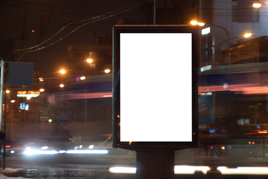 Billboard Screen Winter MOCKUP With White Field. At Night Near The Road