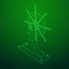 Ship steering wheel. Marine rudder. Wireframe low poly mesh vector illustration.