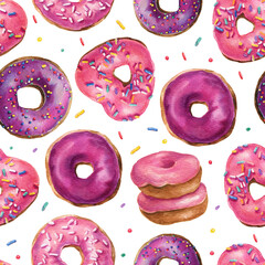 Watercolor donuts seamless pattern.Pink and violet donuts background. Design for the birthday card, wrapping paper, textile, cafe menu, wallpaper.