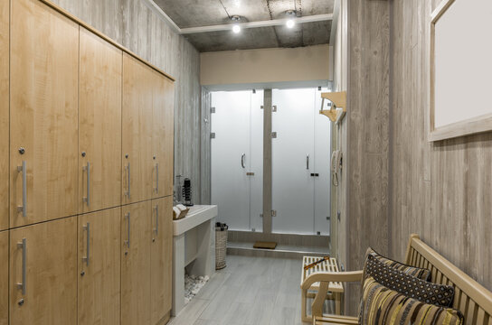 Modern shower room interior with wardrobes