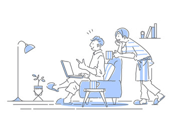 料理を楽しむ男性のシンプルでおしゃれな手描きの線画イラスト Wall Mural Atelier Fmika