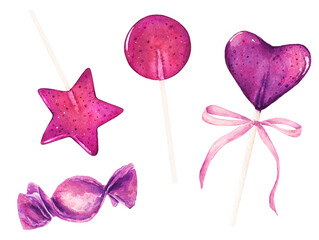 Set of watercolor lollipops and candy isolated on white background.