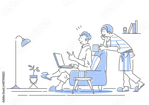おしゃれなリビングで一緒にパソコン画面を見るカップルのナチュラルでシンプルな手描きの線画イラスト ゲイカップル Wall Mural Fumipokkur おしゃれなリビングで一緒にパソコン画面を見るカップルのナチュラルでシンプルな手描きの線画イラスト ゲイカップル Wall Mural Fumipokkur