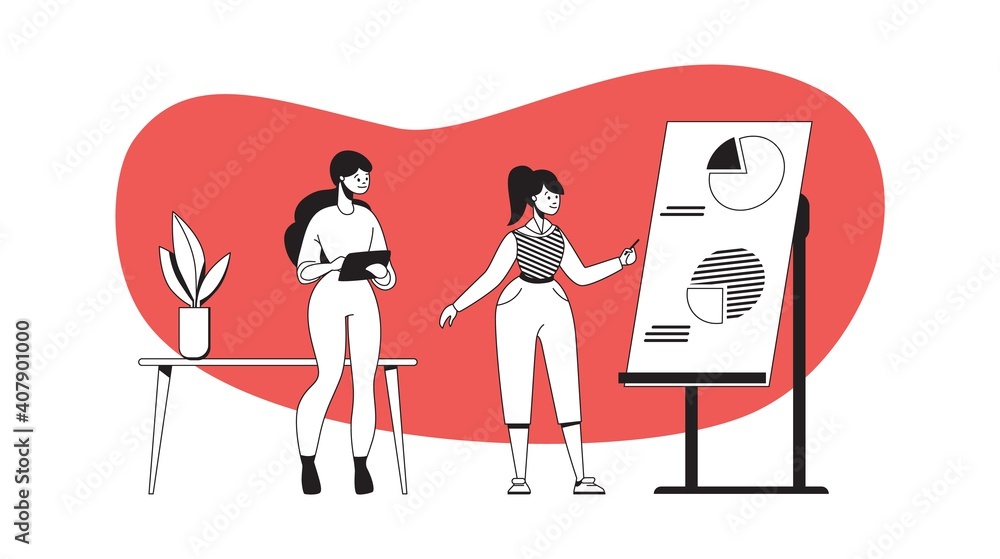 Poster business presentation and negotiation on project. cartoon woman pointing with pointer to diagram on 