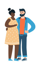 Cartoon characters in pregnancy period. Cute happy man and pregnant woman expecting baby. Young people preparing for birth of child. Isolated international multiracial family. Vector cheerful parents