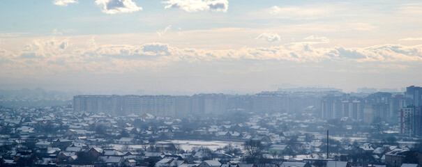 Ivano-Frankivsk city in haze on a winter day