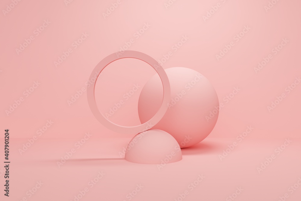 Poster pink abstract background with balls and ring. 3d rendering