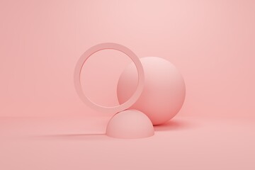 Pink abstract background with balls and ring. 3d rendering