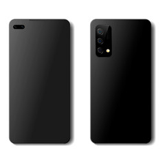 Modern realistic black smartphone on white isolated background with shadow, glare and camera, phone layout front and back view, vector illustration