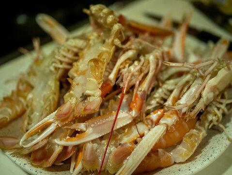 Closeup Shot Of A Heap Of Raw Shrimp In A Plate