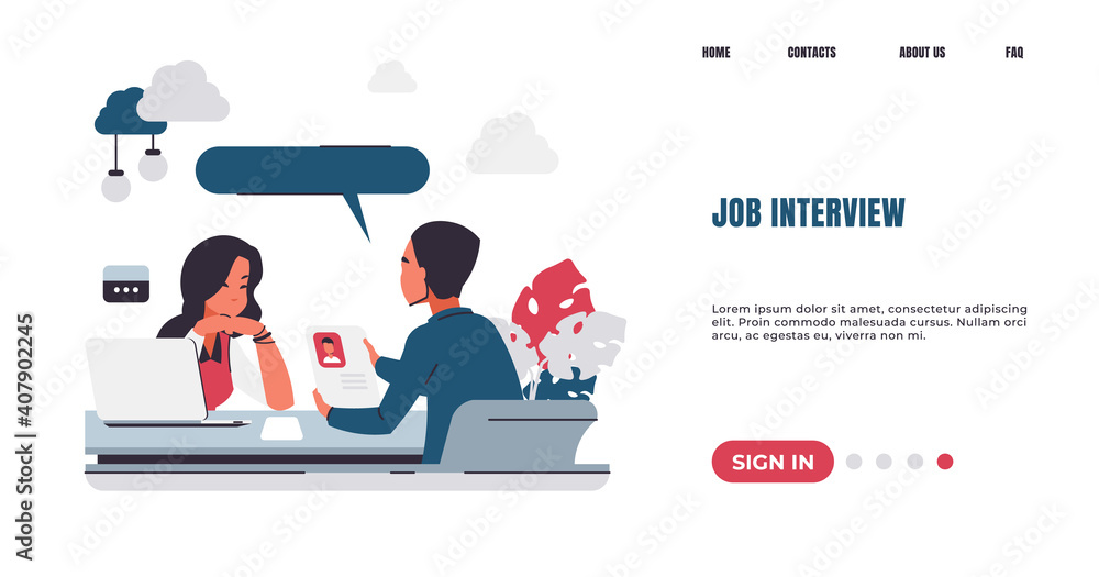 Aufkleber Recruitment landing page. Job interview. HR manager talking with candidates for vacant position. Web service for employment and hiring workers. Website design with buttons, vector interface template
