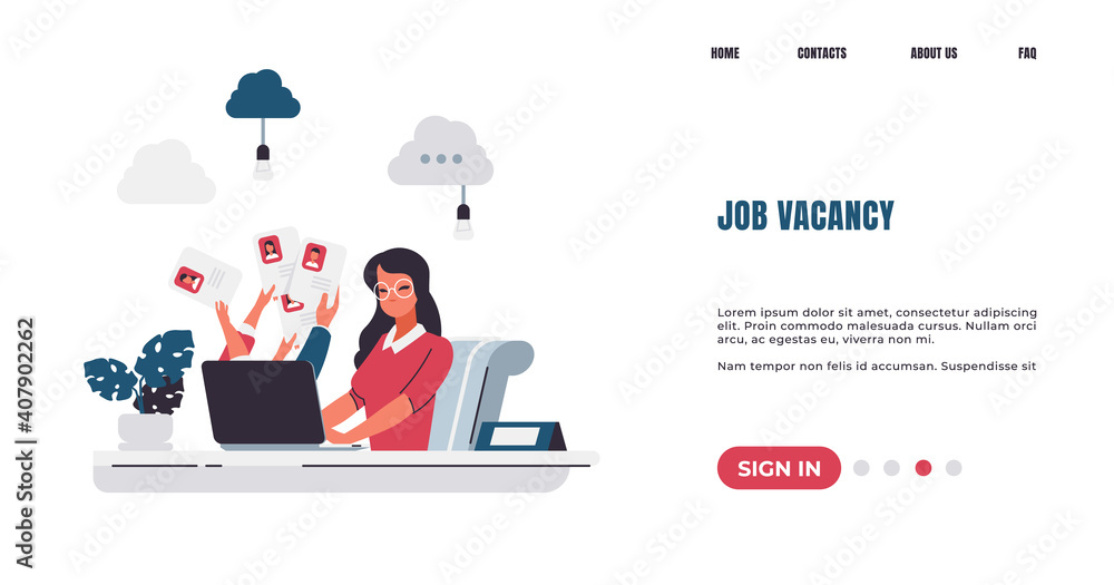 Poster Recruitment landing page. Job vacancy. Hiring manager finding candidates for vacant positions, choosing resume for interview. Website interface design with lettering and buttons. Vector web UI mockup